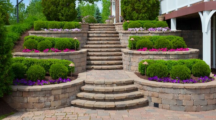 Landscaped stone steps and retaining wall