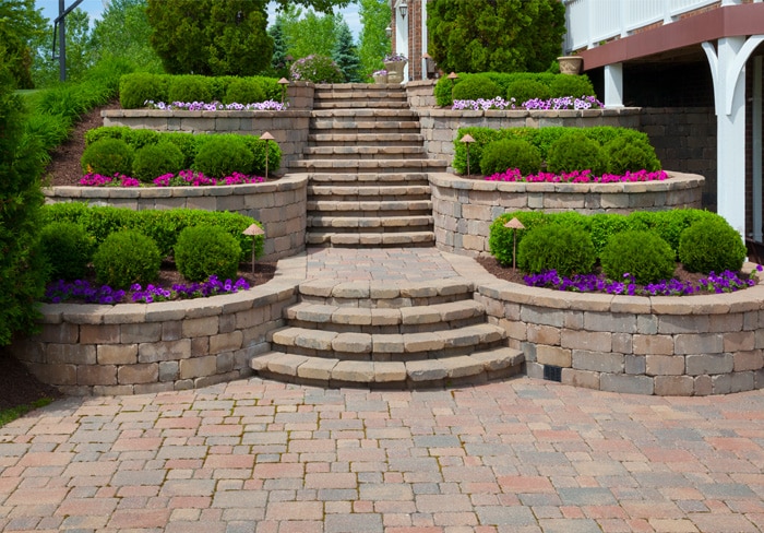 Landscaped stone steps and retaining wall