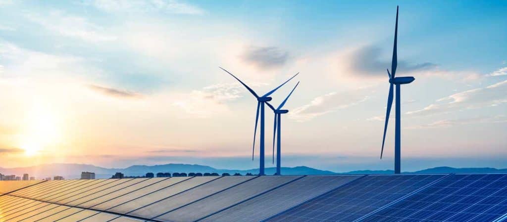 Hybrid power system combines power from solar panels and wind turbines.
