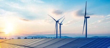 Hybrid power system combines power from solar panels and wind turbines.