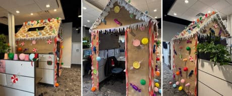 The image shows the office cubicles at Commercial Funding Partners, decorated for Christmas.