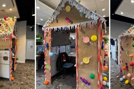 The image shows the office cubicles at Commercial Funding Partners, decorated for Christmas.