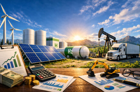 A wooden desk with a calculator, stacks of money, financial charts, and a toy excavator, set against a bright background of solar panels, wind turbines, and green hydrogen tanks.