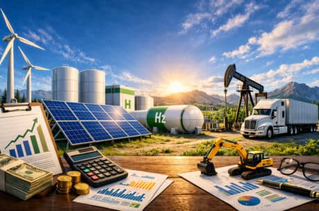 A wooden desk with a calculator, stacks of money, financial charts, and a toy excavator, set against a bright background of solar panels, wind turbines, and green hydrogen tanks.