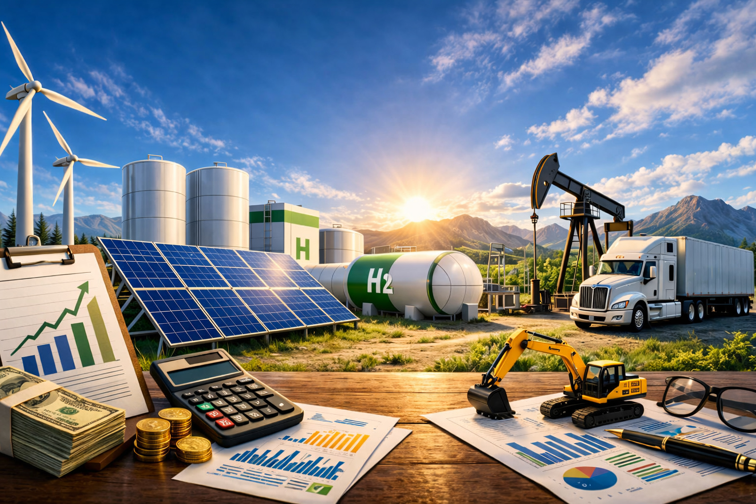 A wooden desk with a calculator, stacks of money, financial charts, and a toy excavator, set against a bright background of solar panels, wind turbines, and green hydrogen tanks.