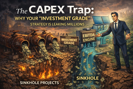 Illustration for The CAPEX Trap showing cash draining from rusty pipes into fiery Sinkhole Projects, contrasted with a businessman presenting an efficient EBITDA Engine, highlighting why an Investment Grade strategy is leaking millions.