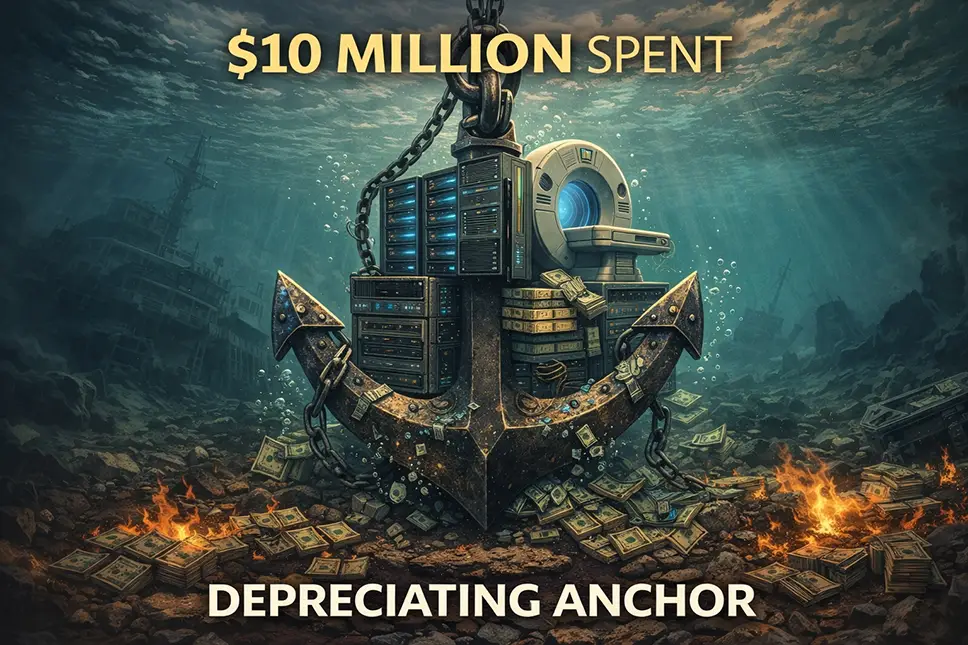 An underwater illustration of a massive anchor loaded with computer servers and medical imaging hardware, surrounded by burning stacks of cash, with text reading $10 Million Spent and Depreciating Anchor to represent the financial trap of buying tech outright.