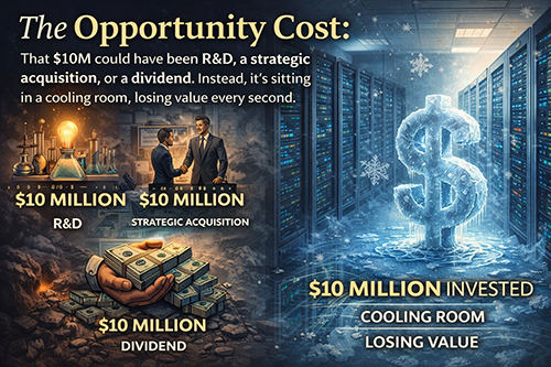 A split graphic titled The Opportunity Cost contrasting ten million dollars used for R&D, strategic acquisitions, or dividends against a frozen dollar sign in a server room, illustrating capital trapped in a cooling room losing value.