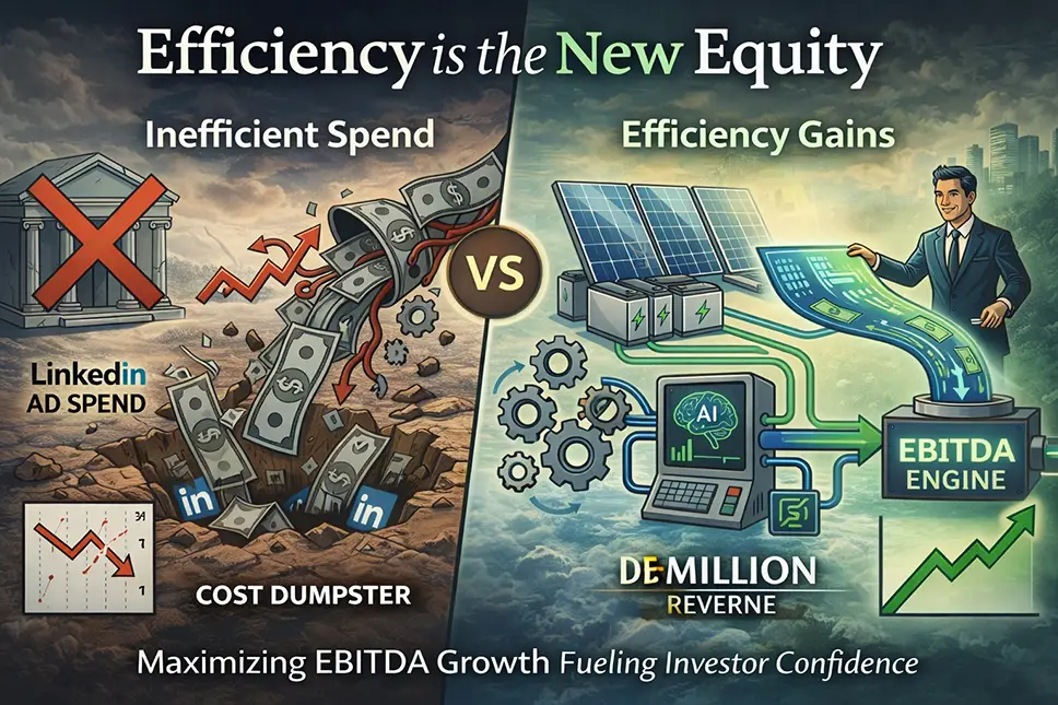 A split illustration titled Efficiency is the New Equity, contrasting Inefficient Spend where money is poured into a cost dumpster, against Efficiency Gains where AI and sustainable tech power an EBITDA Engine, maximizing growth and fueling investor confidence.