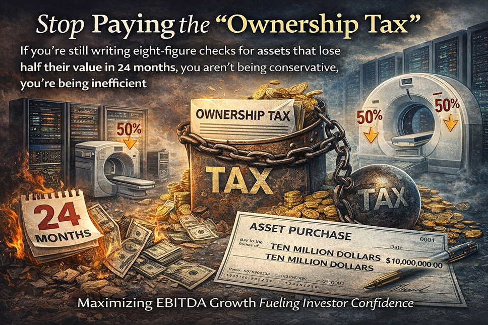 Graphic titled Stop Paying the Ownership Tax featuring a ten million dollar asset purchase check beside a chained bucket labeled Tax and a burning 24-month calendar. In the background, medical imaging and server equipment show 50 percent value drops, illustrating the financial inefficiency of buying rapidly depreciating assets over maximizing EBITDA growth.