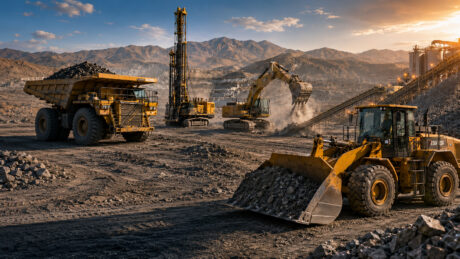 Heavy mining machinery, including a haul truck, excavator, and front-loader, operating at an open-pit critical minerals mine during sunset.