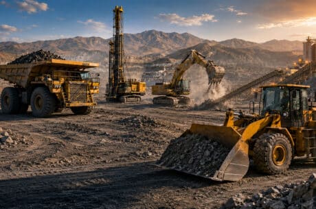 Heavy mining machinery, including a haul truck, excavator, and front-loader, operating at an open-pit critical minerals mine during sunset.