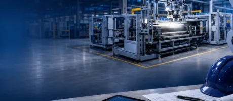 Custom manufacturing equipment in production with engineering blueprints and a project dashboard — the stage progress funding covers