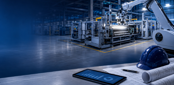 Custom manufacturing equipment in production with engineering blueprints and a project dashboard — the stage progress funding covers