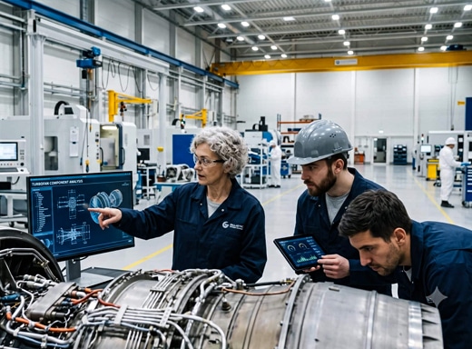 Engineers and technicians inspecting a turbofan engine in an industrial facility, representing a $1,000,000 capital lease for a Michigan aerospace and defense manufacturer with Commercial Funding Partners.