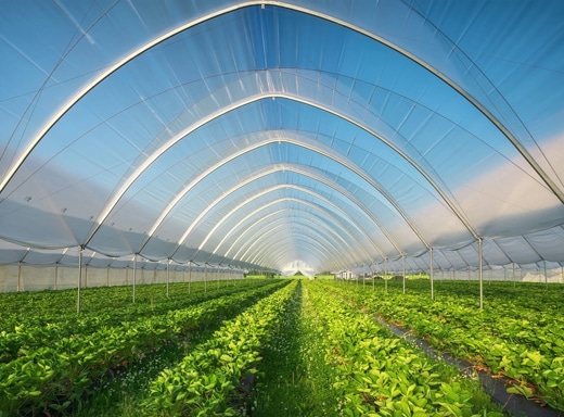 Rows of healthy green plants growing inside a long, modern polytunnel greenhouse structure with a translucent roof.