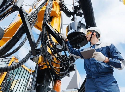Industrial worker in a hard hat and safety glasses using a digital tablet to inspect a large yellow drilling rig.