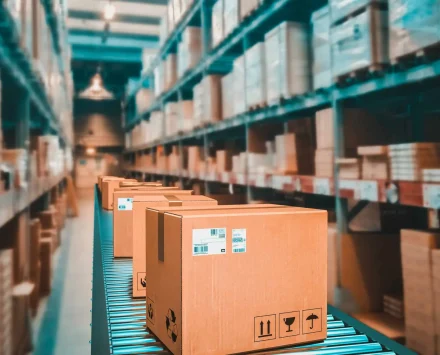 parcels on conveyor belt in a warehouse. 3d render.