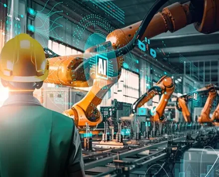Factory Female Industrial Engineer working with Ai automation robot arm