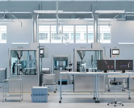 Interior of a state-of-the-art pharmaceutical production plant with sterile cleanroom, advanced medical assembly machinery, and laboratory monitoring stations.